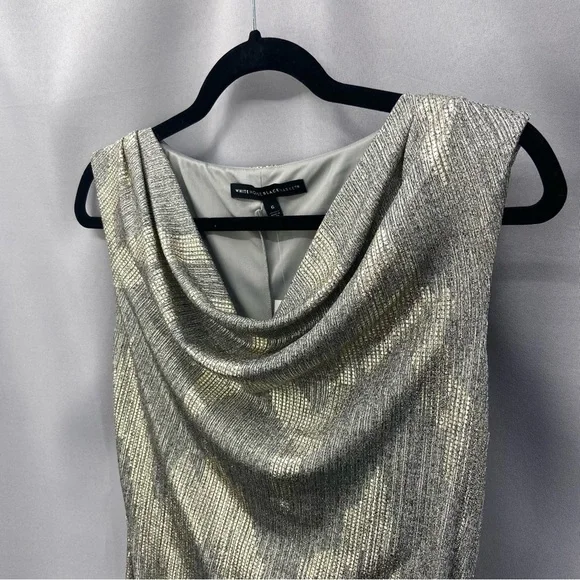 NWT White House Black Market Gray Gold Metallic Drape Neck Shine Dress Size 6 - Picture 3 of 10